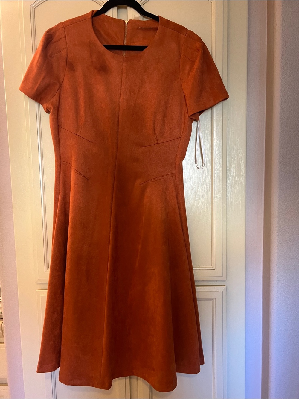 Calvin Klein Short Sleeve A-Line midi Dress in Rust Orange faux suede stretches